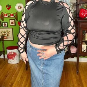 Divided goth grunge whimsigoth black lace up criss cross netted sleeves blouse